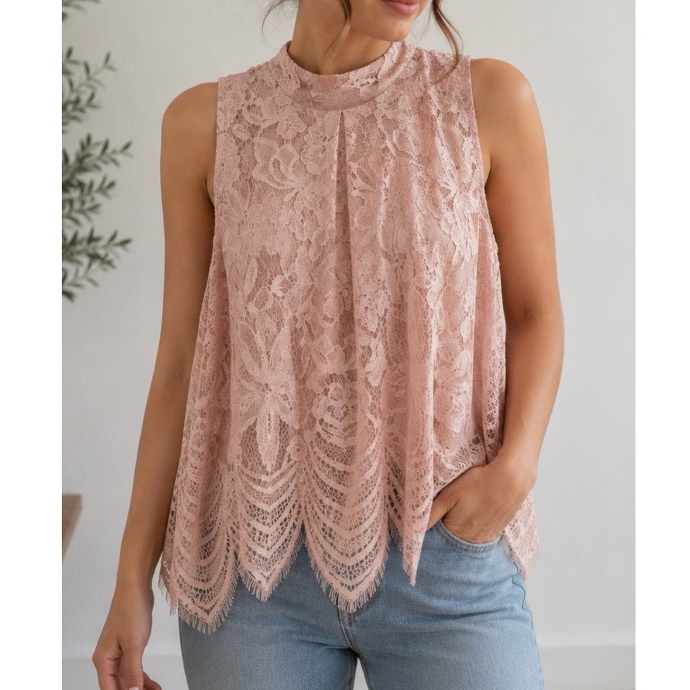 Love Fire Lace Top Women M Pink Good Boho Mock Neck Sleeveless Scalloped Hem